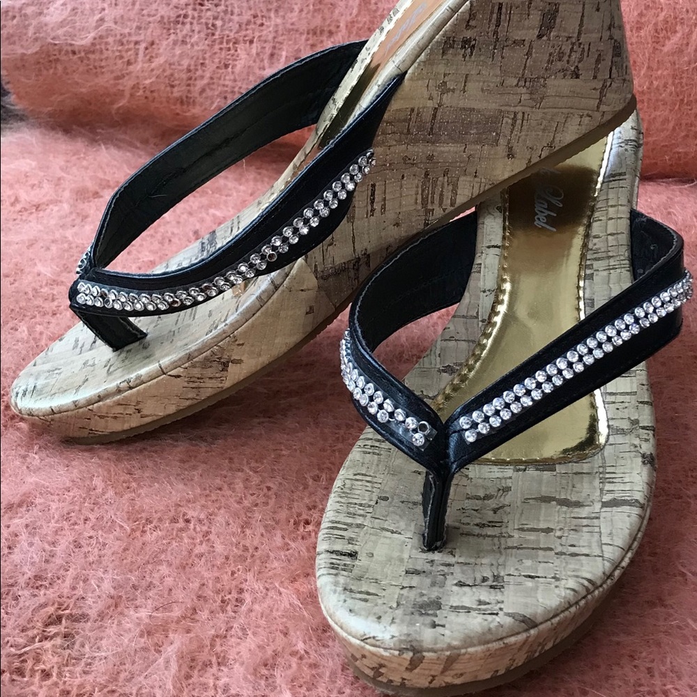 Pink Label Black & Rhinestone Wedge Strap Sandal